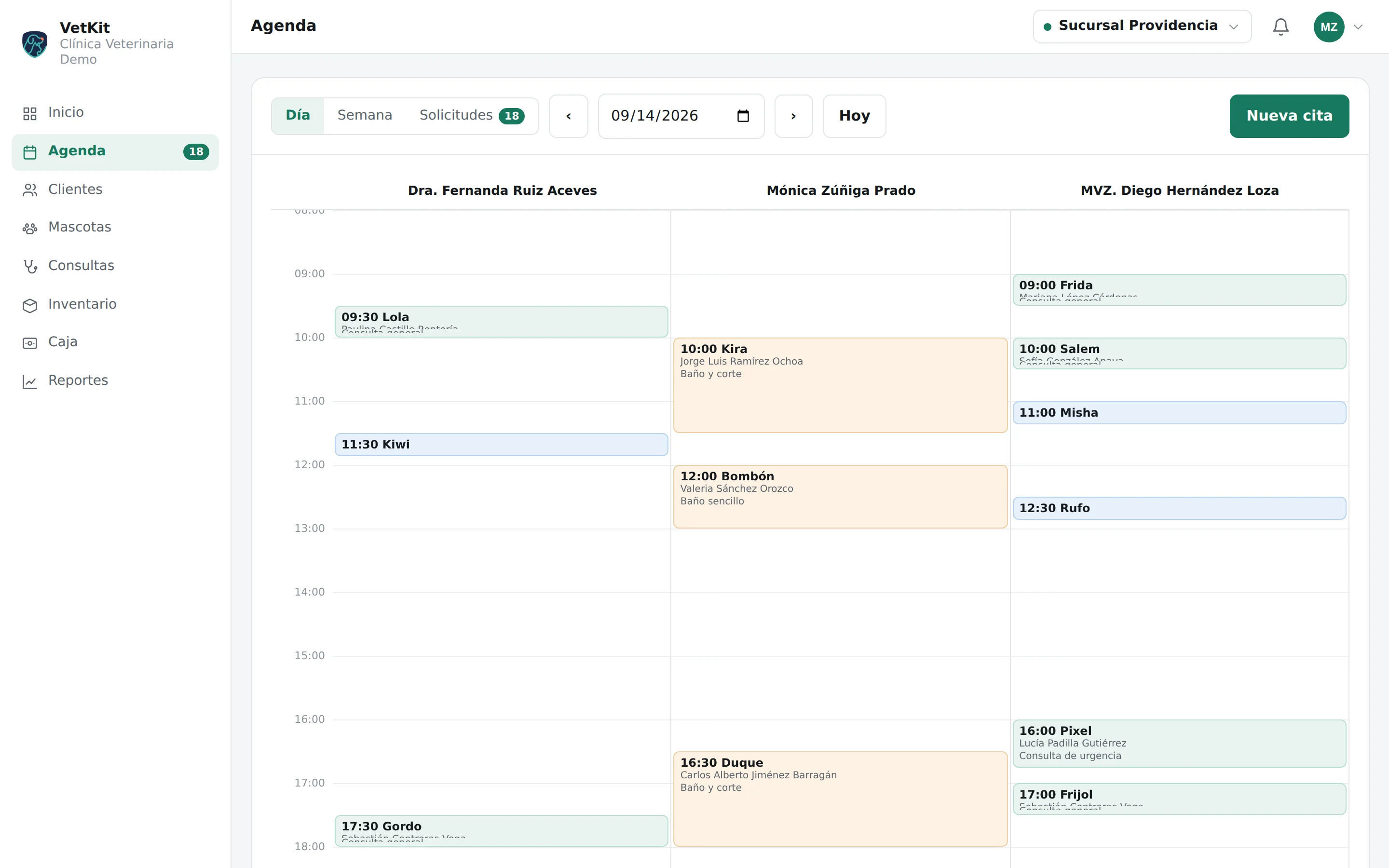 Agenda del día con una cita nueva en VetKit