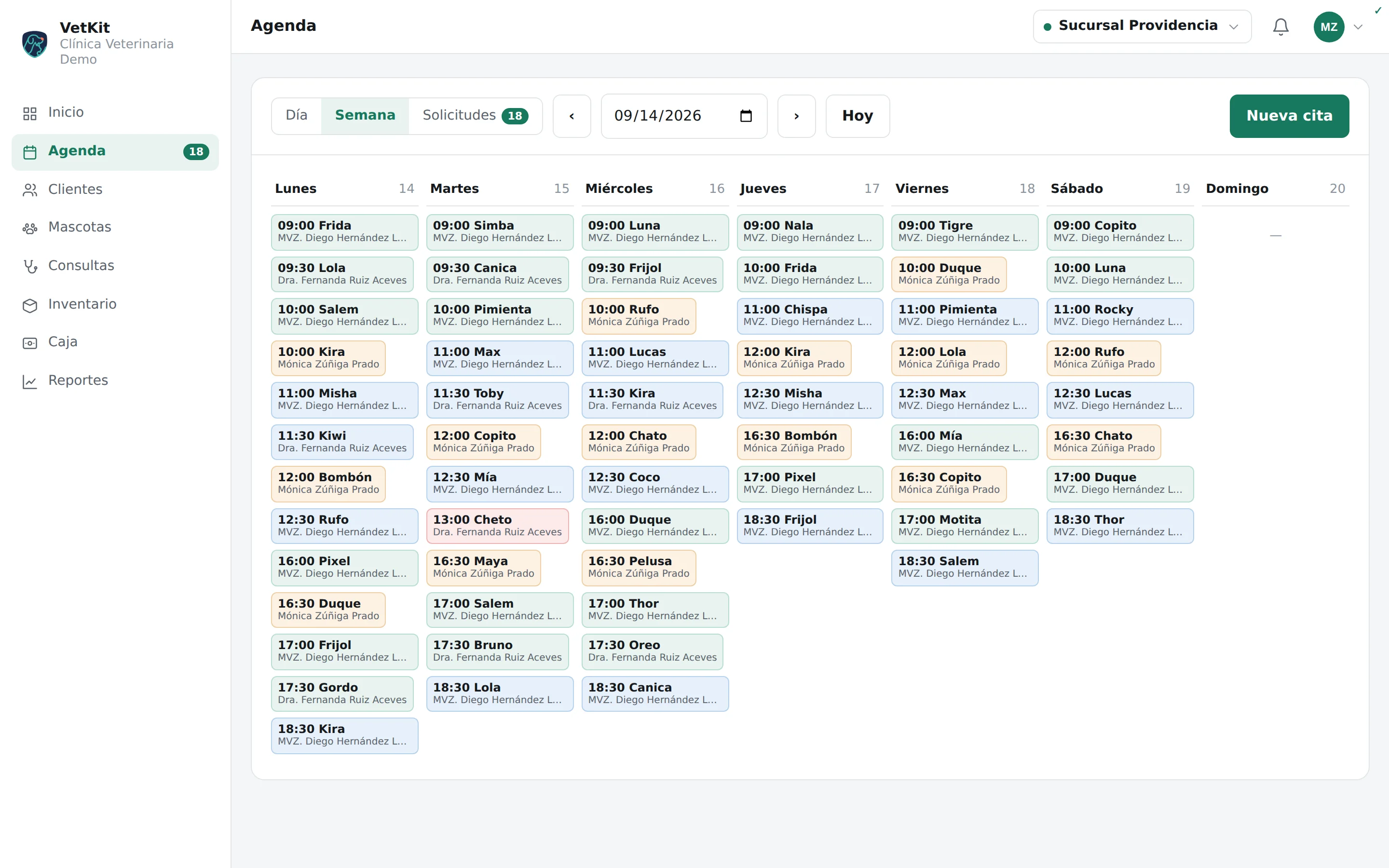 Agenda semanal por veterinario en VetKit, vista en computadora