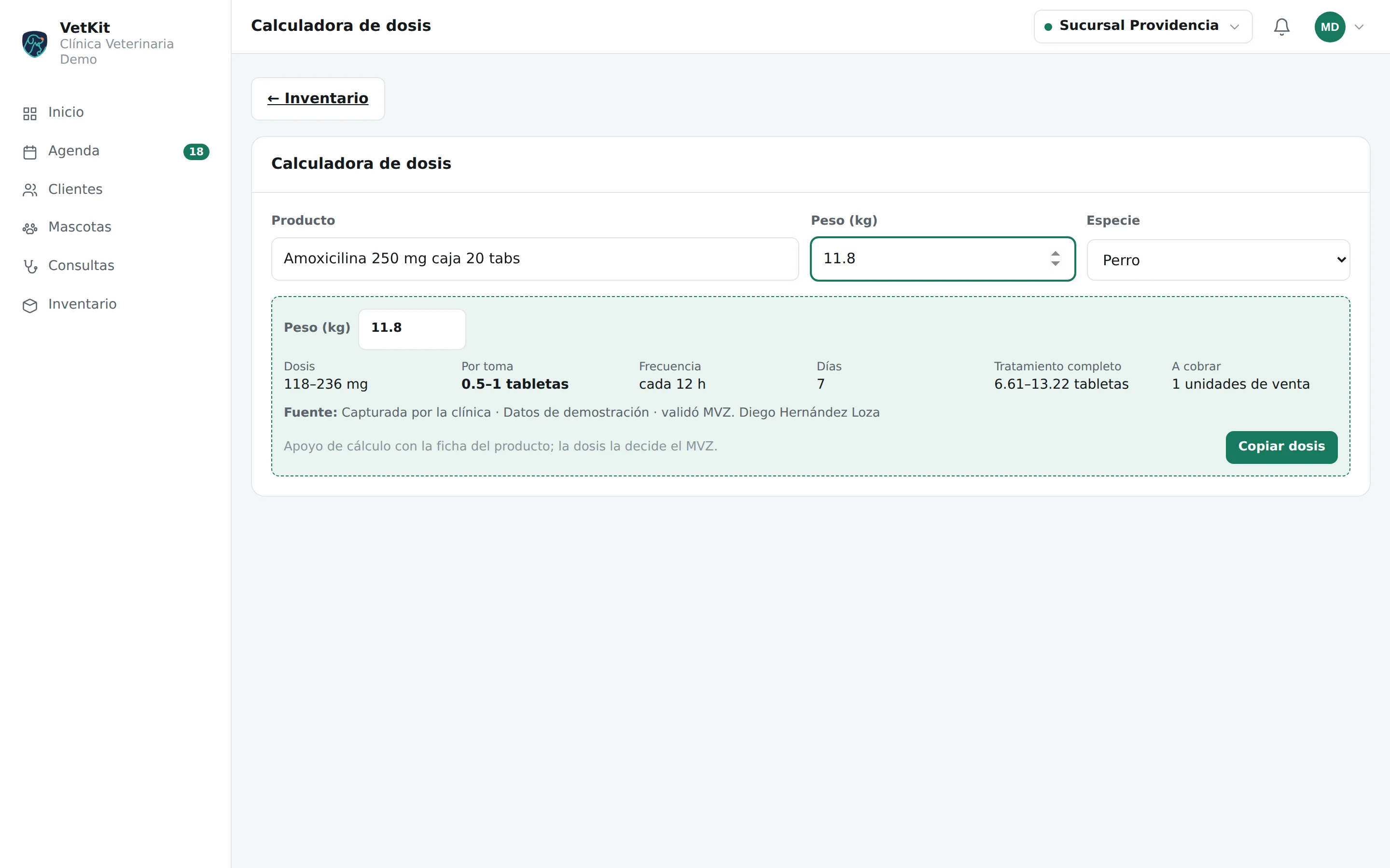 Calculadora de dosis veterinaria de VetKit por peso y especie