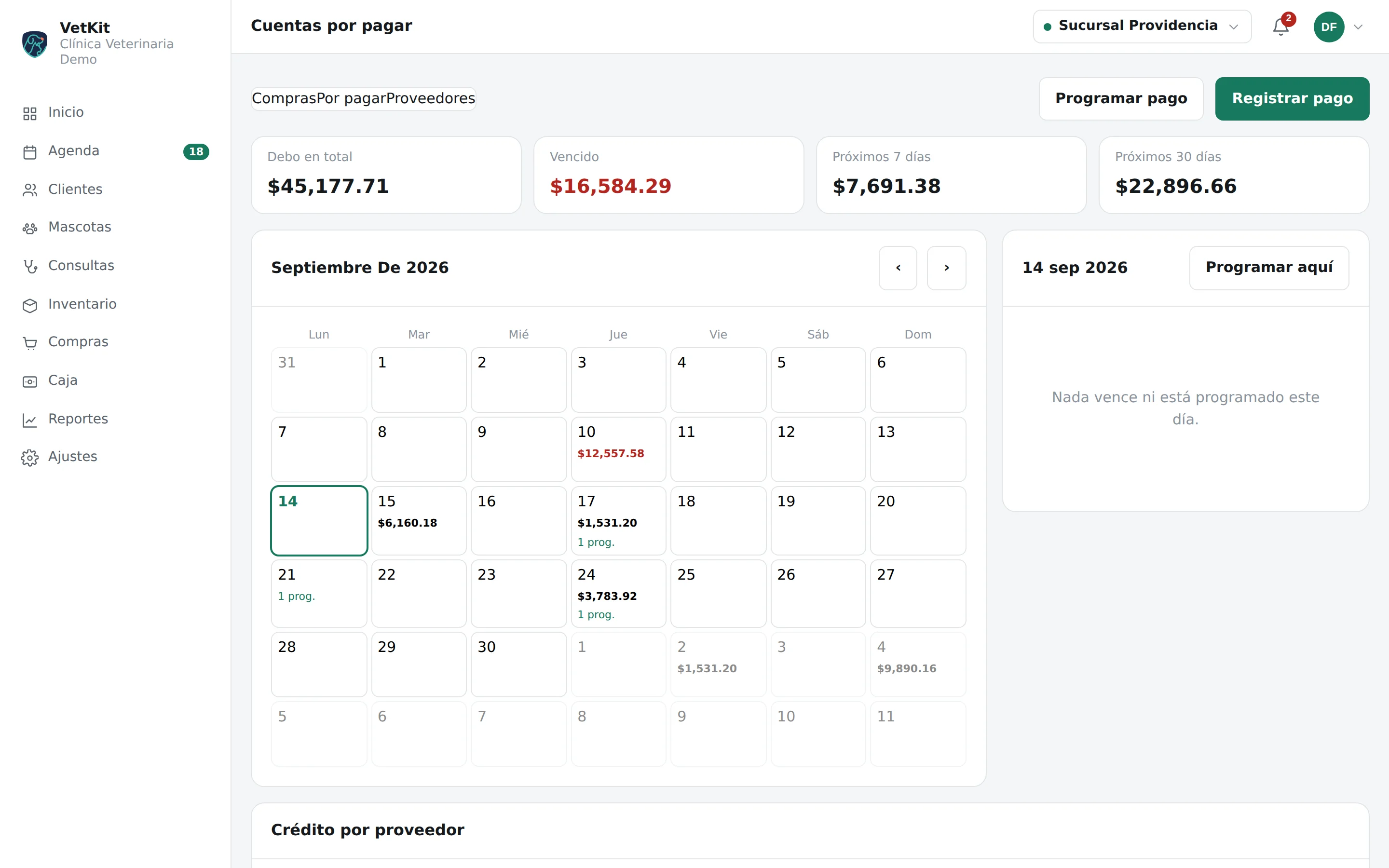 Cuentas por pagar a proveedores con calendario de vencimientos en VetKit