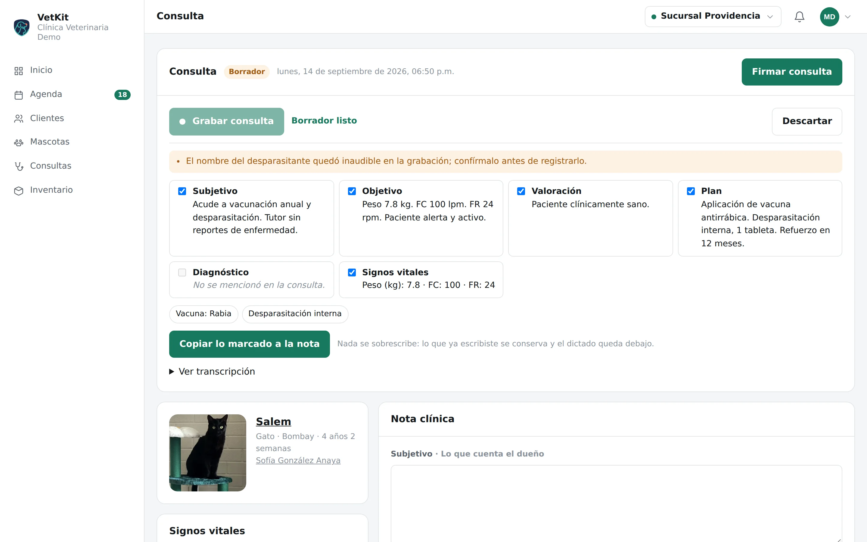 Consulta SOAP con el borrador del scribe de IA en VetKit