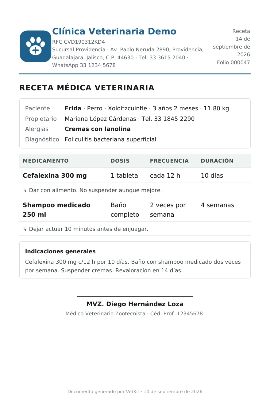 Receta veterinaria en PDF con el logo de la clínica generada por VetKit